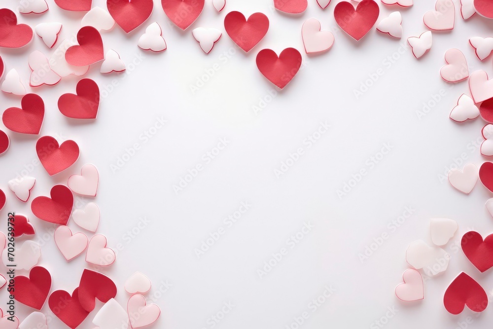 Red hearts background, paper cut romantic concept, top view. Beautiful cute hearts on white table