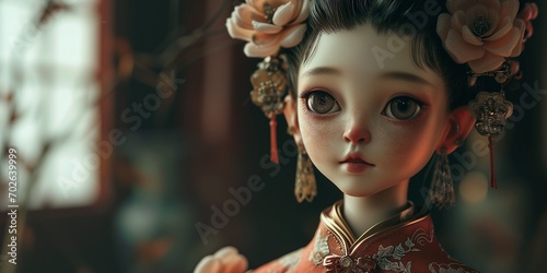 animated doll with big eyes, donning the elegance of Chinese traditional clothing photo