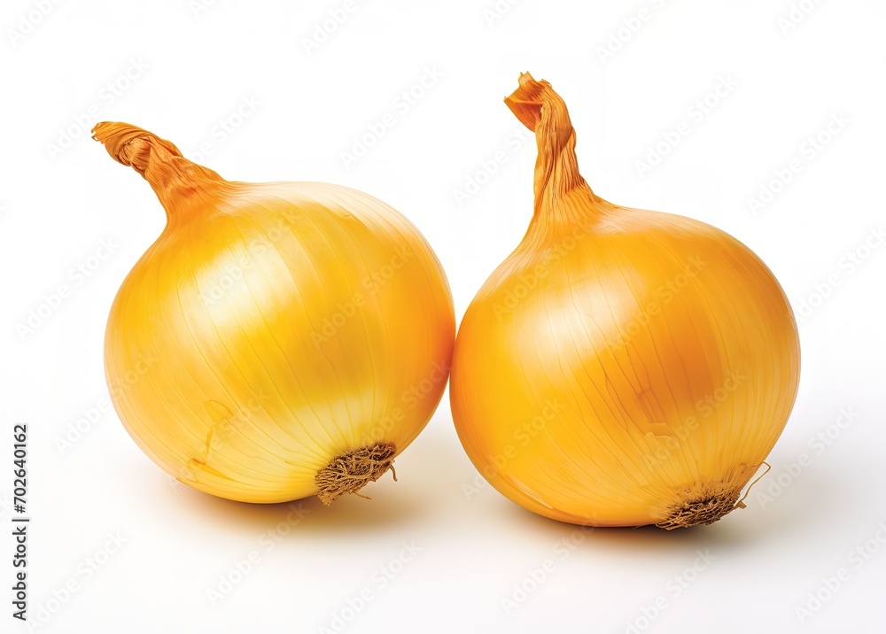 two onions photographed at close range on a white background. generative AI