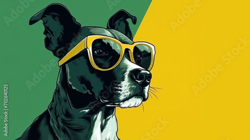 Stylized portrait of a dog wearing yellow framed sunglasses on green and yellow duo tone background.jpg