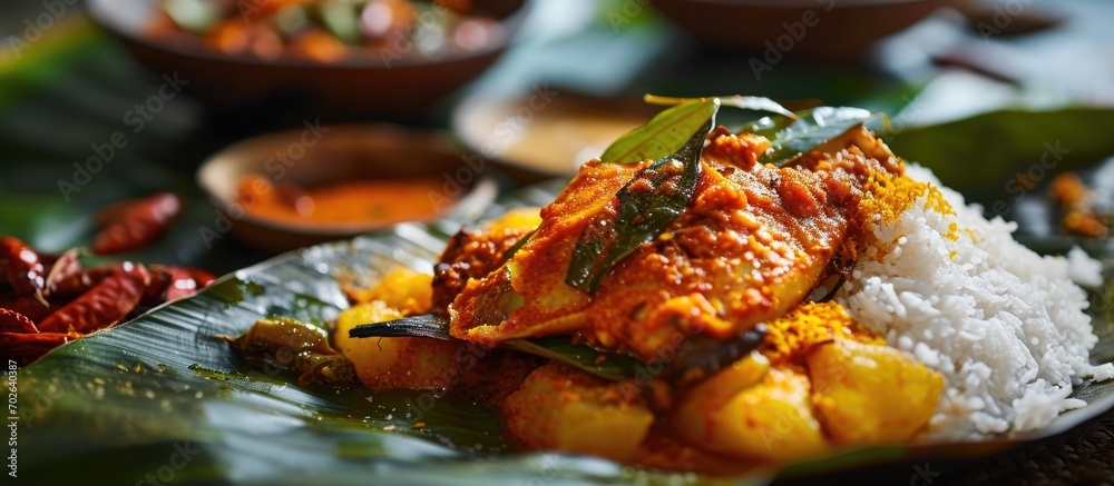 Traditional Indian fish curry made with tapioca and spicy Kerala-style seasoning, served on a banana leaf. Also known as kappa or cassava with sardine masala, this Asian cuisine dish features a - obrazy, fototapety, plakaty 
