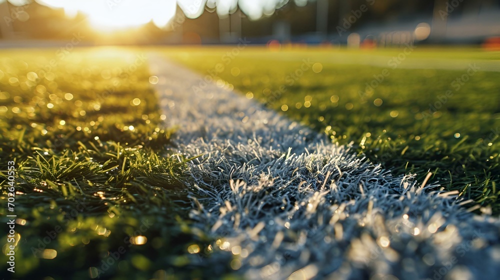 an empty soccer field with grass and ice on the ground - obrazy, fototapety, plakaty 
