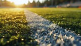 an empty soccer field with grass and ice on the ground