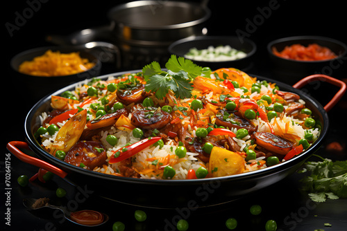 Vegetable Fried Rice, dramatic studio lighting and a shallow depth of field. Placed on a reflective black surface.no.03