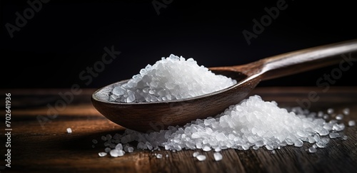 white salt on a wooden spoon on a dark background. generative Ai photo