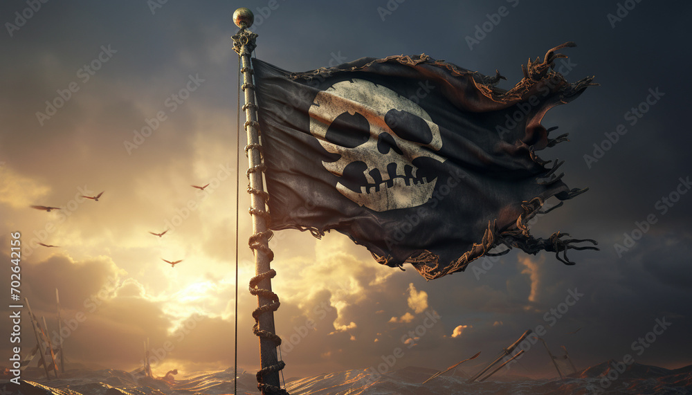 Wavy black pirate flag with bone and skull is on the flagpole Stock ...