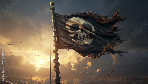 Wavy black pirate flag with bone and skull is on the flagpole photo