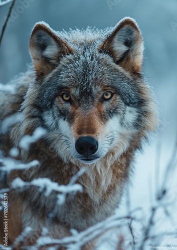 - A wolf s snout covered in delicate frost  showcasing its resilience in the cold winter.