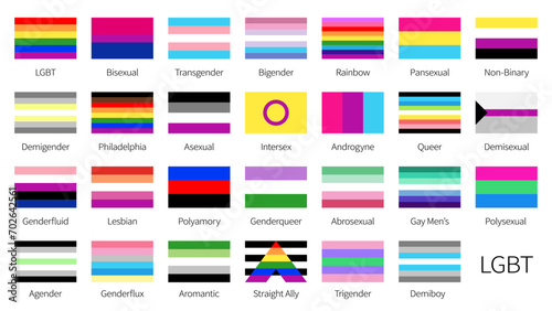 LGBT pride flags set of sexual diversity and identity rainbow signs, vector icons. LGBT flags of gay, lesbian or LGBTQ queer community, transgender, bisexual and homosexual or gender diversity flags photo