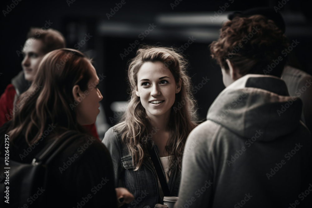 custom made wallpaper toronto digitalPeople having a discussion, in the style of soft-focus technique, spirited movement, back button focus, contemporary feminist, human-canvas integration, zeiss batis 18mm f/2.8, portrait

