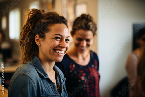 One person is smiling with another person in the room, in the style of soft-focus technique, contemporary feminist, back button focus, participatory, zeiss batis 18mm f/2.8, spiral group, strong use o