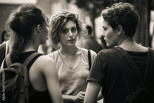 People having a discussion, in the style of soft-focus technique, spirited movement, back button focus, contemporary feminist, human-canvas integration, zeiss batis 18mm f/2.8, portrait