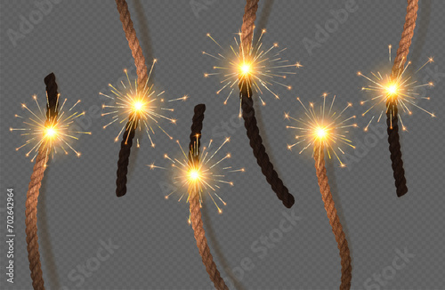 Dynamite fuses, bomb burning wicks of TNT explosive with sparks, realistic vector. Dynamite wick fuse with fire sparks, explosion detonator cables ropes with sparkles for firecracker or pyrotechnics photo