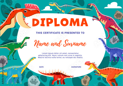 Kids diploma. Cartoon funny dinosaur characters and fossil stone footprints. Diploma vector template with Monolophosaurus, Dubreuillosaurus, Wannanosaurus and Barapasaurus, Kentrosaurus cute personage