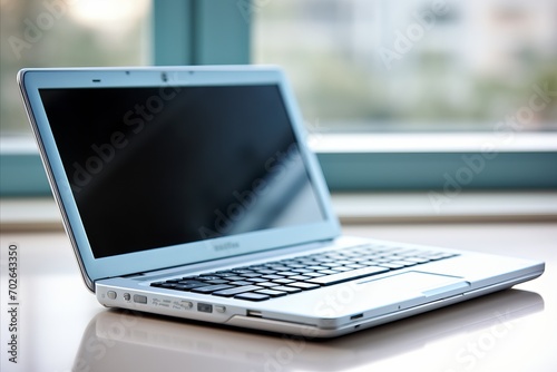 Modern Laptop with Blurred Window Background on Table in Cozy Office Environment © katrin888