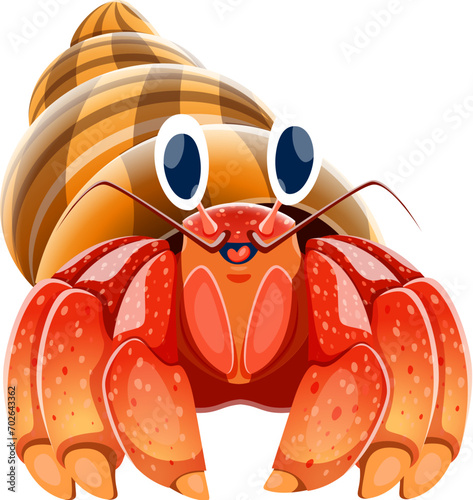 Cartoon hermit crab character. Sea or ocean bottom wildlife or fauna, underwater life funny personage. Tropical sea crustacean animal isolated vector character, hermit crab with conch shell mascot