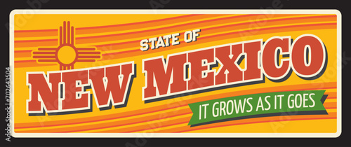 New mexico US state retro travel plate, retro board, postcard, antique signboard. Vector old plaque, vintage touristic landmark plaque of Santa Fe capital. Sign for travel destination