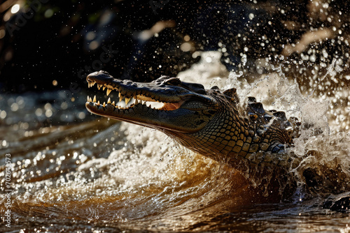 A crocodile launching itself from the water to catch prey