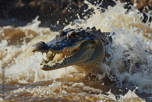 A crocodile launching itself from the water to catch prey