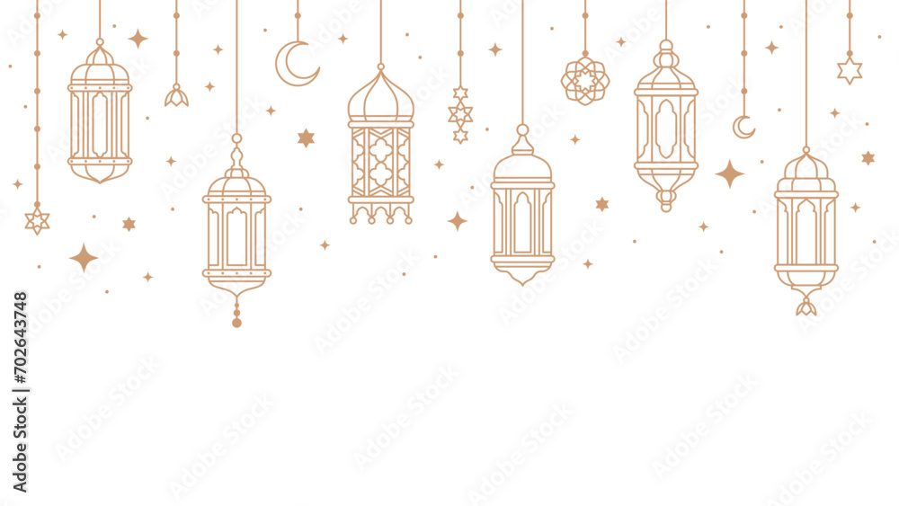 Ramadan kareem arabian lanterns and lamps border. Middle east antique kerosene hanging light underline or border, mosque ancient gas lamp or muslim ramadan karem lantern vector divider or separator - obrazy, fototapety, plakaty 
