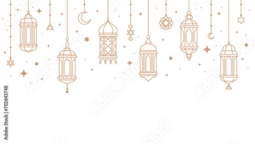 Ramadan kareem arabian lanterns and lamps border. Middle east antique kerosene hanging light underline or border, mosque ancient gas lamp or muslim ramadan karem lantern vector divider or separator photo
