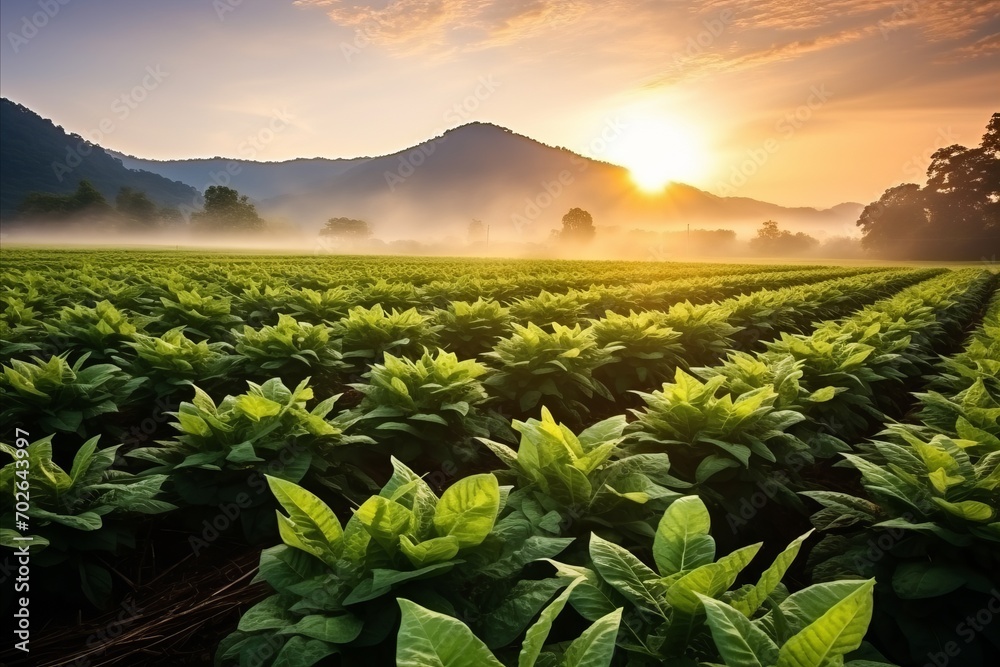 Rows of tobacco plants in a field illuminated by the golden light of early morning, with mountains in the distance