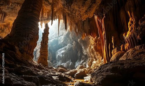 Majestic Limestone Cave Interior Illuminated by Natural Light, Featuring Stalactites and Stalagmites in an Ancient Subterranean Landscape