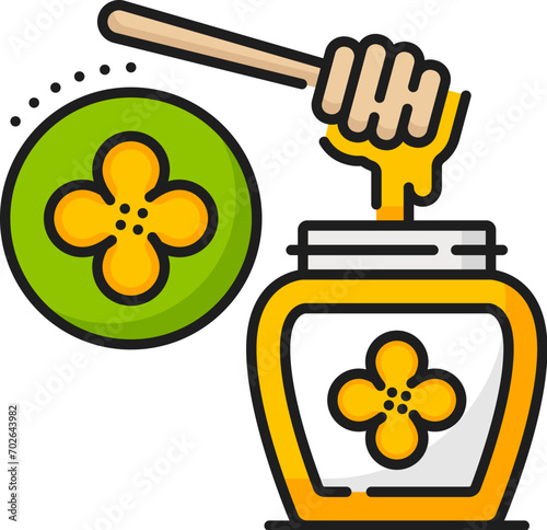 Rapeseed, canola honey icon, vector linear sign of golden droplets dripping from dipper into glass jar with Colza brassica flower label, symbolizing natural ingredients and organic production symbol