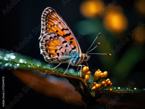 Butterfly on a flower with water droplets. Generative AI. © serg3d