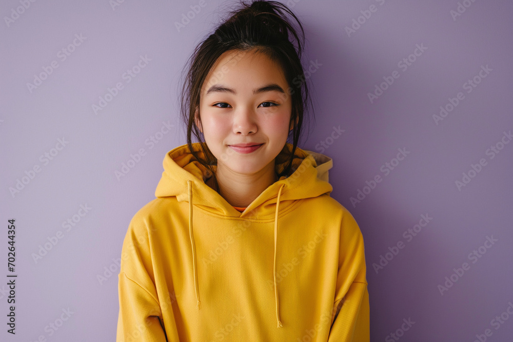 Asian happy teenage girl wearing hoodie on purple background Asian happy teenage girl wearing hoodie on purple background