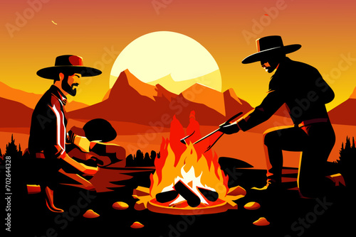Campfire cooking cowboy beans. vektor icon illustation