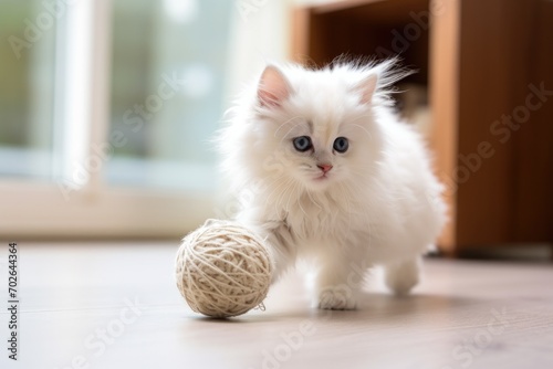 A white kitten playing with a ball of yarn. Generative AI.