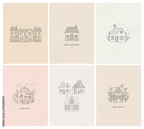Collection of cute hand drawn countryside cottages for cards, posters, planners, prints, banners, sublimation, stationary, etc. EPS 10