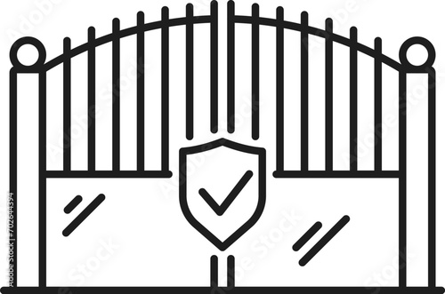 Real estate security outline icon with gates. Dwelling rent service line symbol, real estate property security company or apartment safety service line vector sign or pictogram with mansion gates