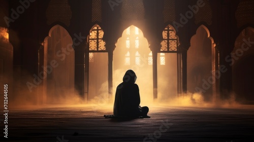 Silhouette of Muslim woman worshiping and praying for fasting and Islamic Eid culture in old mosque with lighting and smoke background, copy space - generative ai