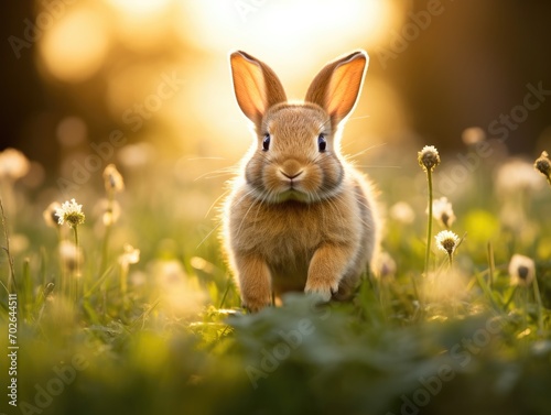 A small rabbit is standing in a field of grass. Generative AI.