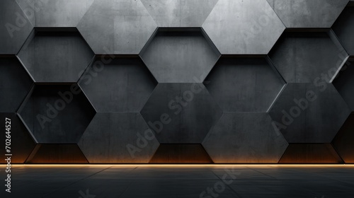 Black and gray wall with hexagonal shapes. Generative AI. photo