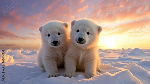 Two polar bears sitting on top of snow. Generative AI. photo
