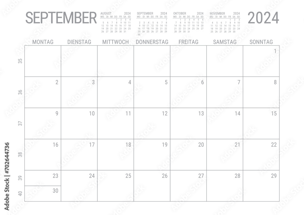 Monat Kalender September 2024 Monatskalender Kalenderblatt Kalendarium mit Kalenderwoche Planer DIN A4 Deutsch - obrazy, fototapety, plakaty 