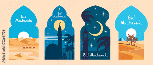 Eid Mubarak holiday, mosque windows with arabic landscapes. Islam Ramadan Kareem vector greeting card, muslim temple, minaret, night sky, moon and stars. Desert, palms and camels in arch window frame photo