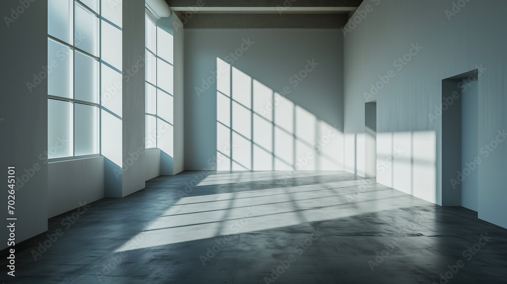 Fototapeta premium Empty industrial room with big windows, white walls and concrete floors with sunlight flowing in