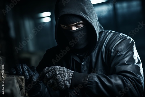 Intriguing Close-up Portrait of a Burglar in Dark Mask and Glove photo