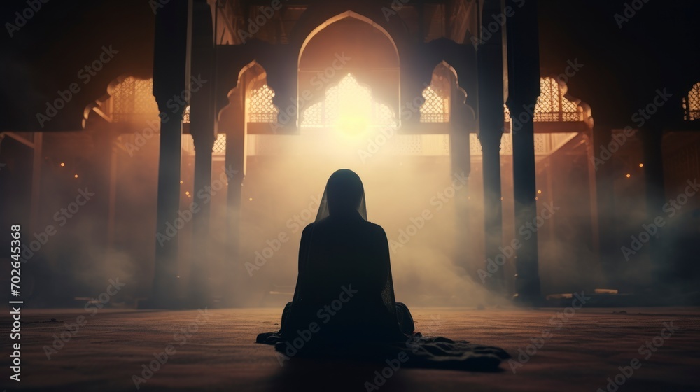 Silhouette Of Muslim Woman Worshiping And Praying For Fasting And silhouette-of-muslim-woman-worshiping-and-praying-for-fasting-and