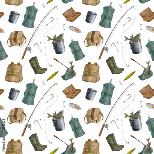 Watercolor fishing equipment seamless pattern. Hand drawn fishing rod, bait, lure, net, bucket,, creel, backpack isolated on transparent background. Angling hobby supplies. Catching fish, camping photo