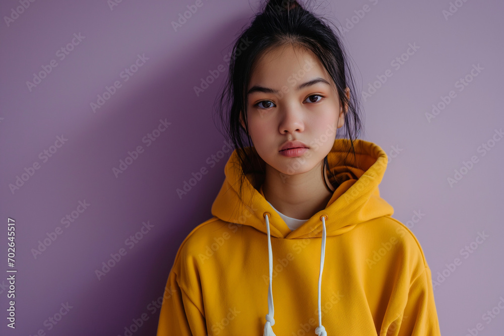 Fototapeta premium Asian serious teenage girl wearing hoodie on purple background