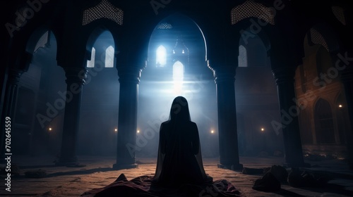 Silhouette of Muslim woman worshiping and praying for fasting and Islamic Eid culture in old mosque with lighting and smoke background, copy space - generative ai