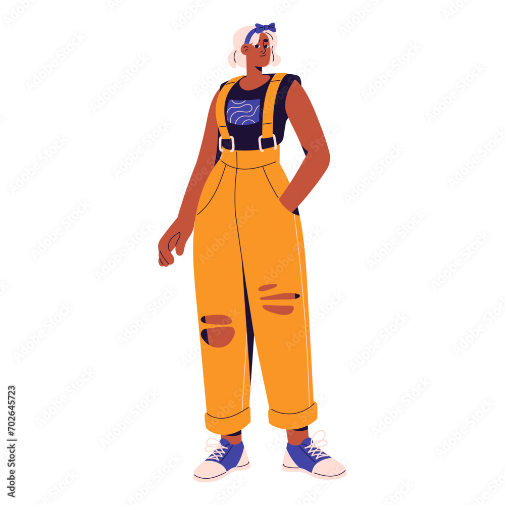 Happy girl wearing stylish bright jumpsuit. Young woman in summer outfit standing, posing. Female with fashion headband, bob haircut portrait. Flat isolated vector illustration on white background Happy girl wearing stylish bright jumpsuit. Young woman in summer outfit standing, posing. Female with fashion headband, bob haircut portrait. Flat isolated vector illustration on white background