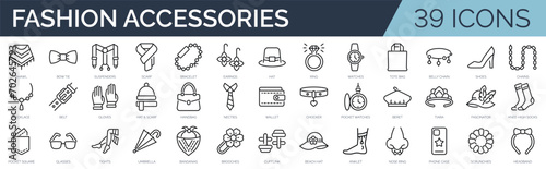 Set of 39 outline icons related to fashion accessories. Linear icon collection. Editable stroke. Vector illustration