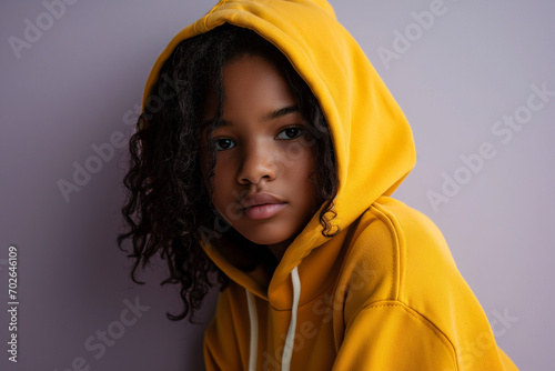 African American serious teenage girl wearing hoodie on purple background © Darya Lavinskaya