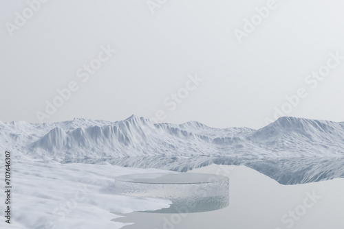 Abstract 3d render winter scene and Natural background, Ice podium on the water and snow groud, Backdrop snow mountain reflect the water surface for product stand display, advertising, mockup or etc © EcoSpace